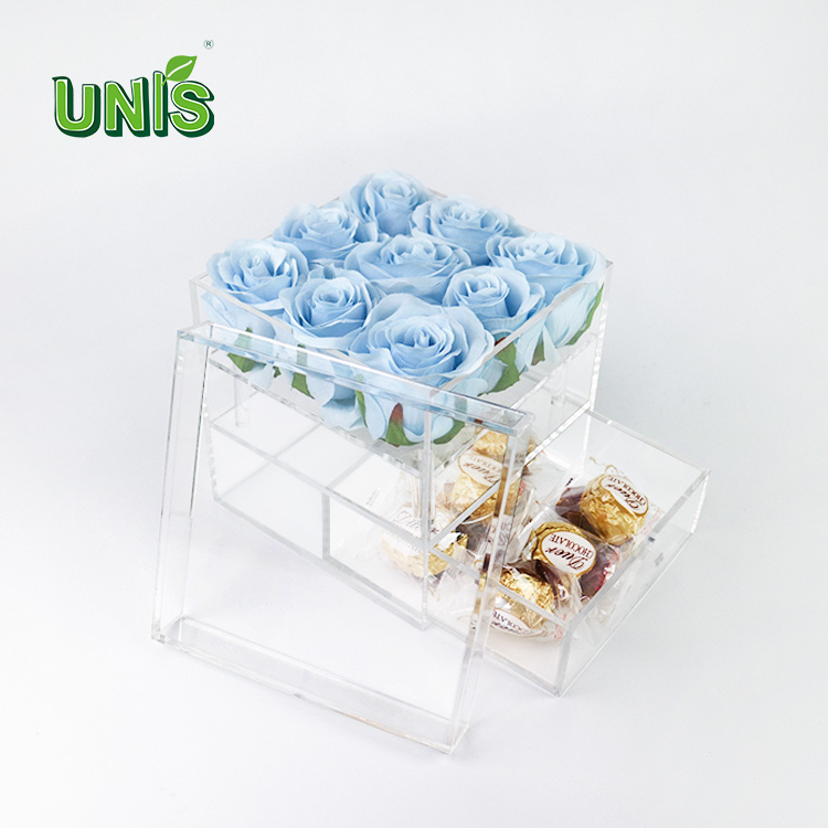 9 Square Transparent Waterproof Acrylic Rose Box with Lid And Drawer